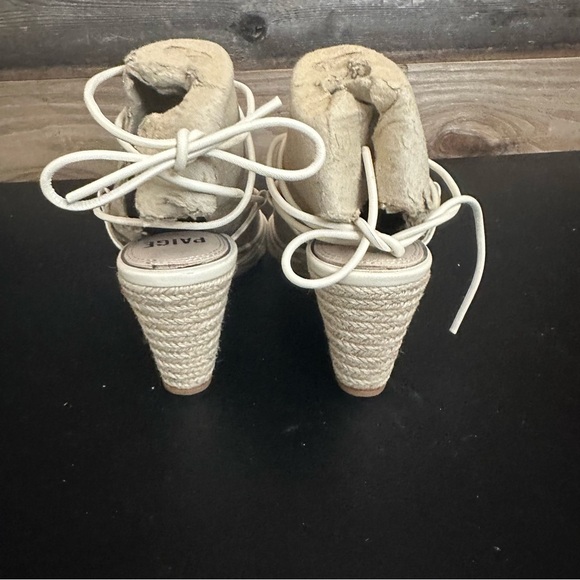 PAIGE Espadrille Sandals Size 8 Beige Leather Slip On Ankle Tie Wedge Heels - Picture 4 of 10
